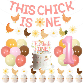 Festiblast This Chick Is One banner enhances a cohesive first birthday farm theme