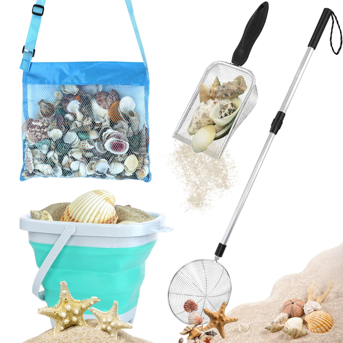Fethwoin shark tooth sifter with extended-handle for easy beach digging