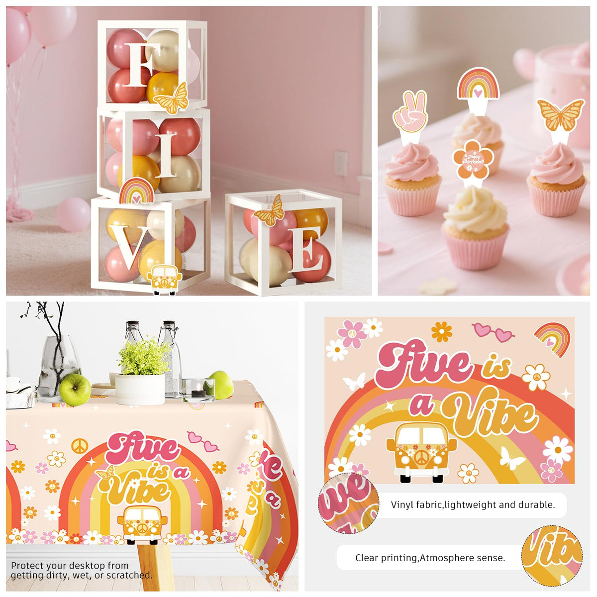 Fexivo Five Is a Vibe cake topper adds a focal celebratory touch.