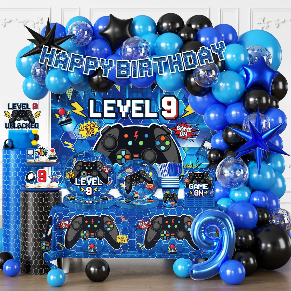 Fexivo Level 9 birthday banner enhances photos with bold game-night style.