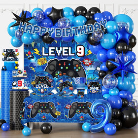 Fexivo Level 9 birthday banner enhances photos with bold game-night style.