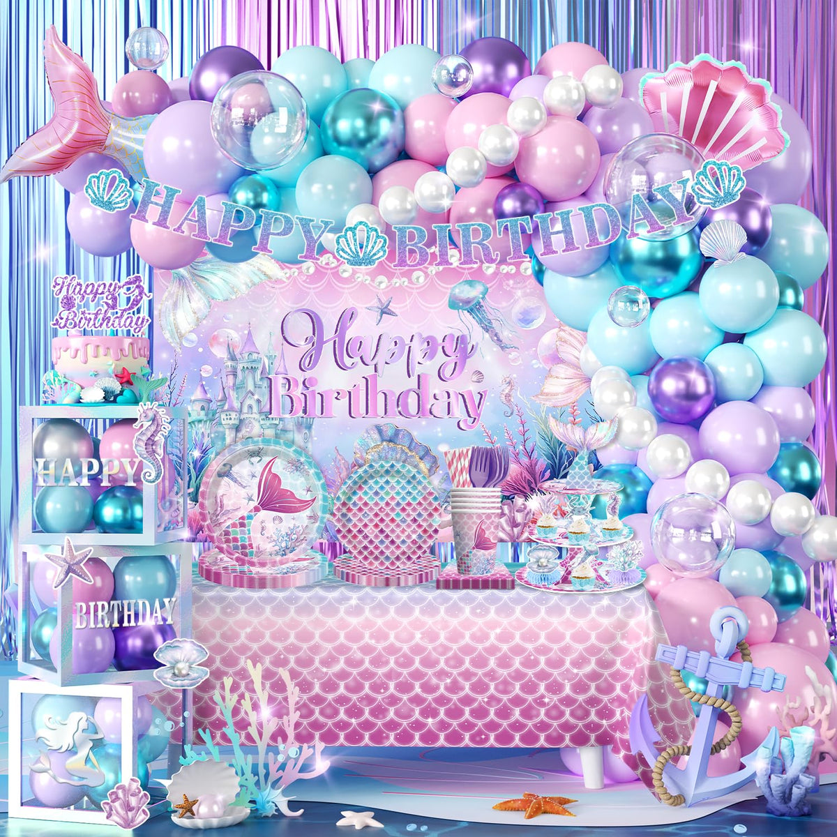 Fexivo Mermaid birthday banner for a festive undersea party backdrop