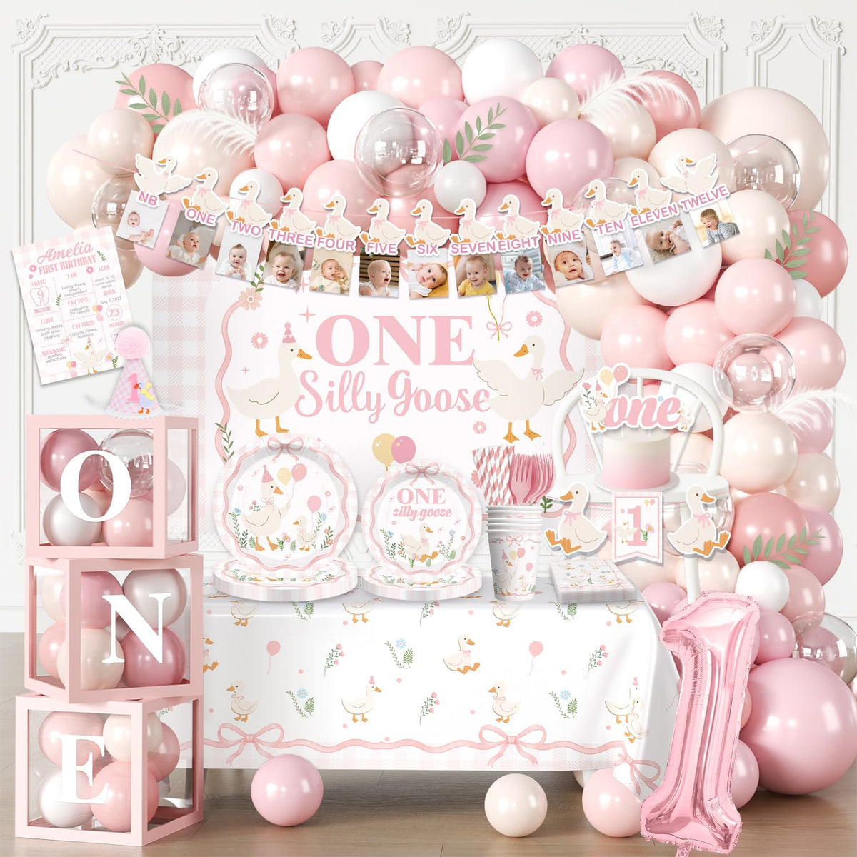 Fexivo Silly Goose photo frame banner adds playful warmth to the party backdrop.