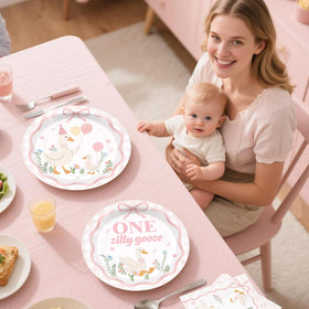 Fexivo Silly Goose 9-inch plates support cake and snacks.