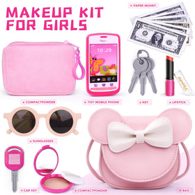 FFTROC pink purse with sunglasses supports stylish dress-up and social play.