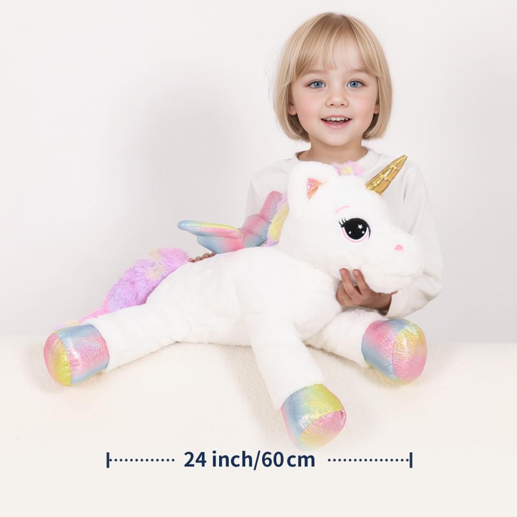 FFxiong 24-inch unicorn plush rainbow wings, colorful decor and playtime joy.