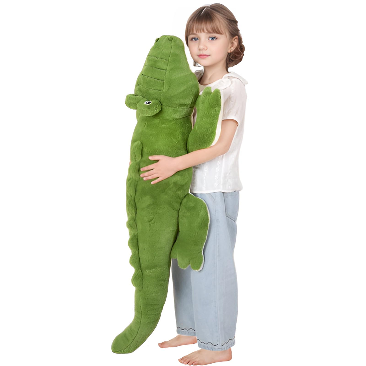 FFxiong green alligator plush head close-up highlighting embroidered eyes for friendly look