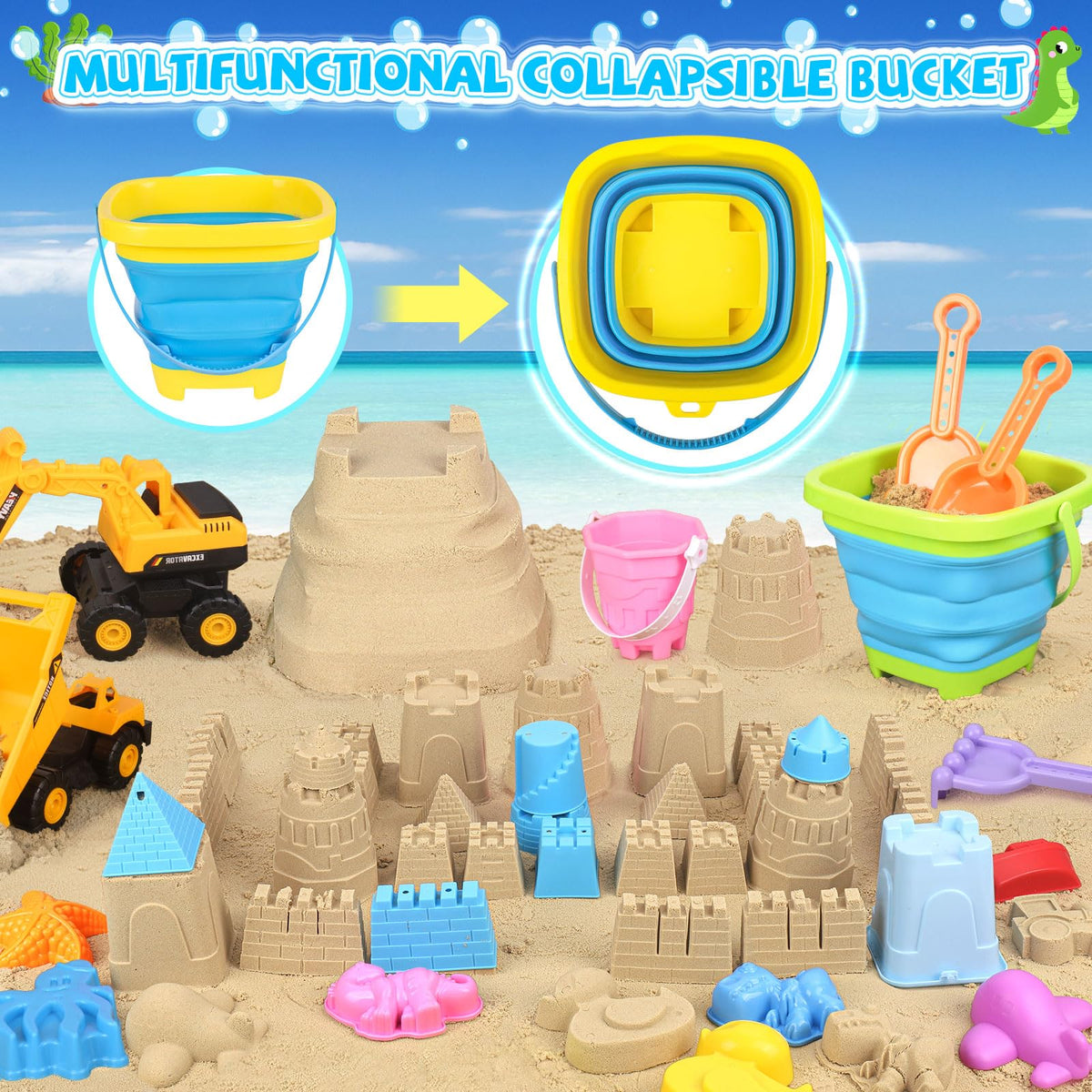 FHOZGECY collapsible sand buckets save space and simplify cleanup.