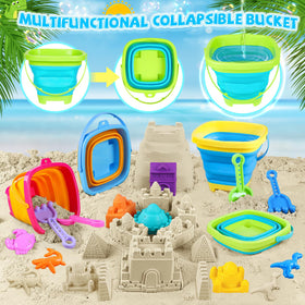 FHOZGECY collapsible sand buckets shown in use for space-saving fun