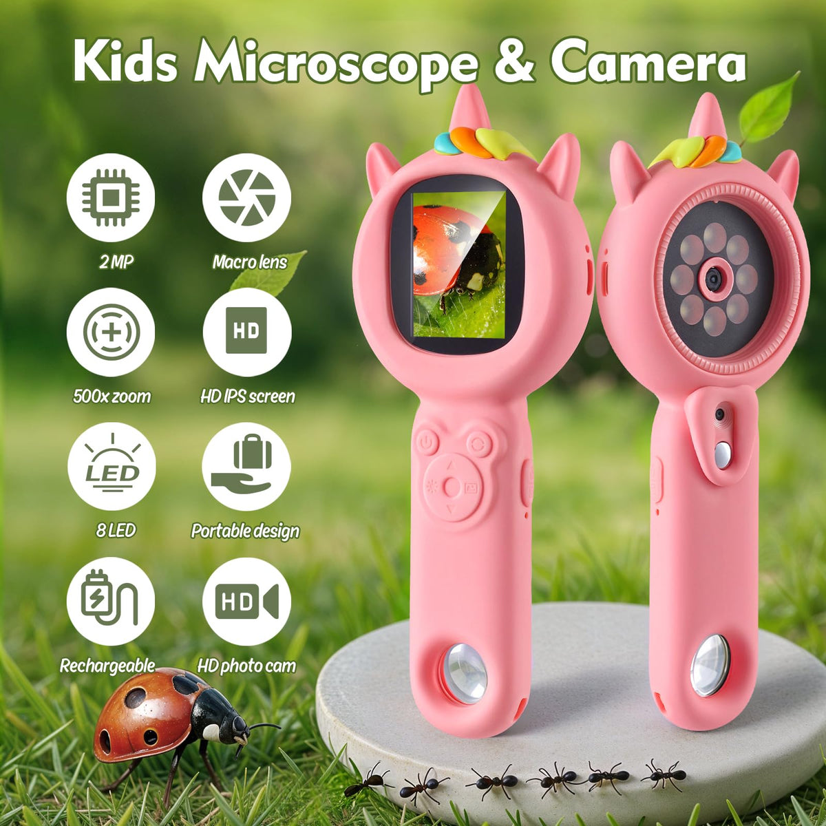 FHskFH Kids Microscope 2 inch IPS screen shows details clearly for young scientists.