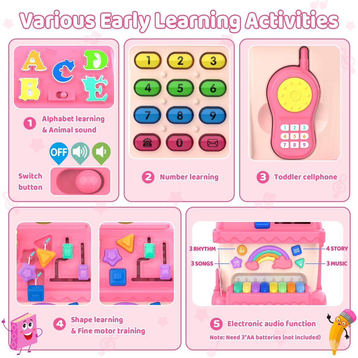Fidecexv toddler house buttons activate sounds and music to build fine motor skills.