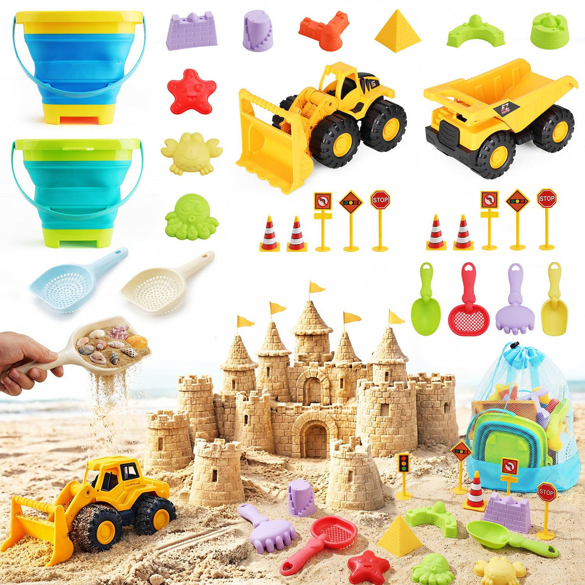 Fiderix beach toy set collapsible buckets for easy transport and mess-free beach play.