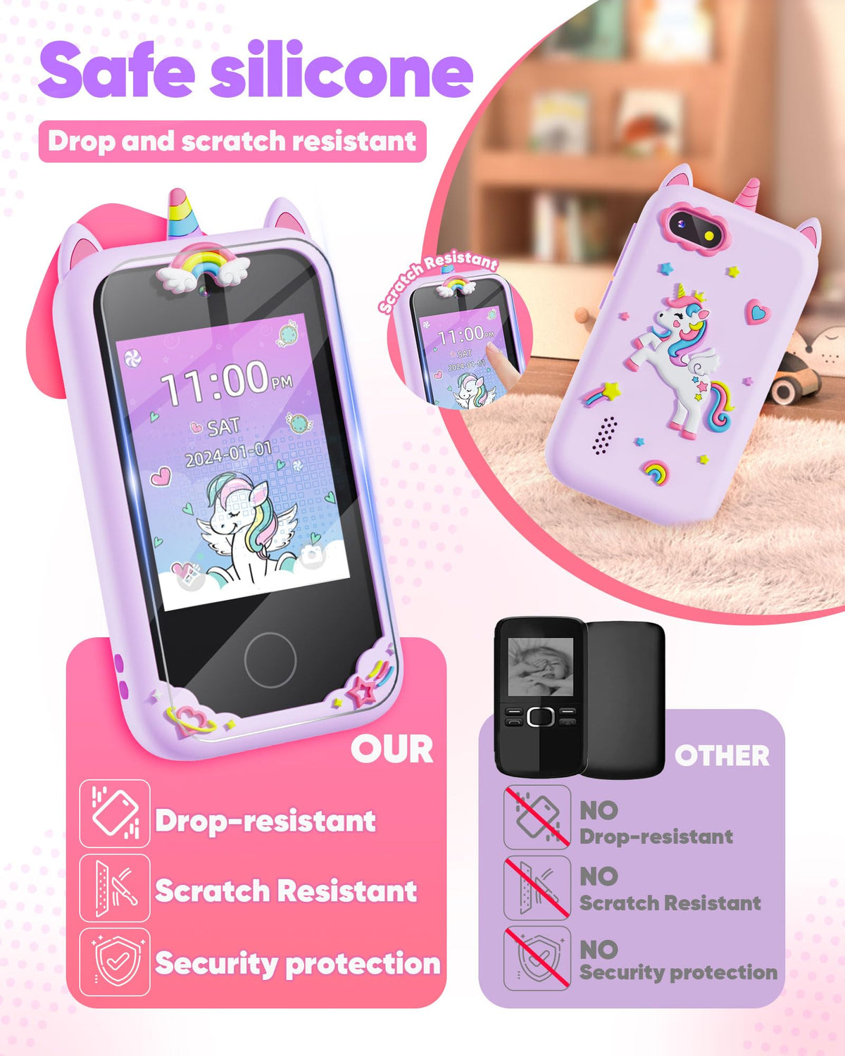 Fiechcco kids smart phone battery life supports hours of use.
