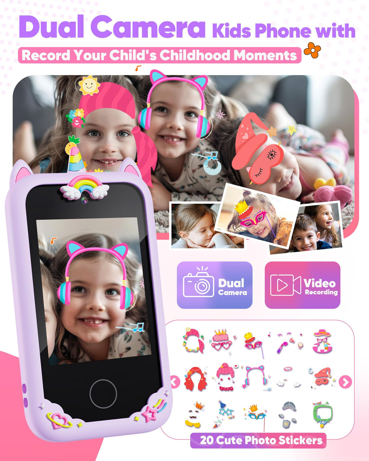 Fiechcco kids smart phone display offers bright, interactive learning.