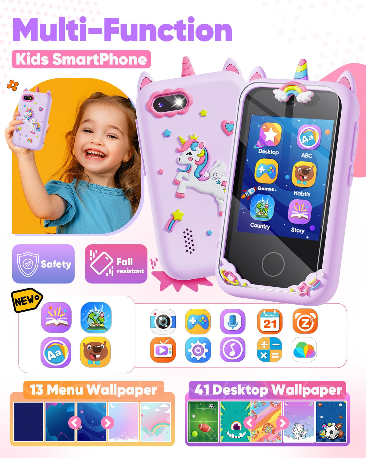 Fiechcco kids smart phone dual cameras capture selfies and memories.