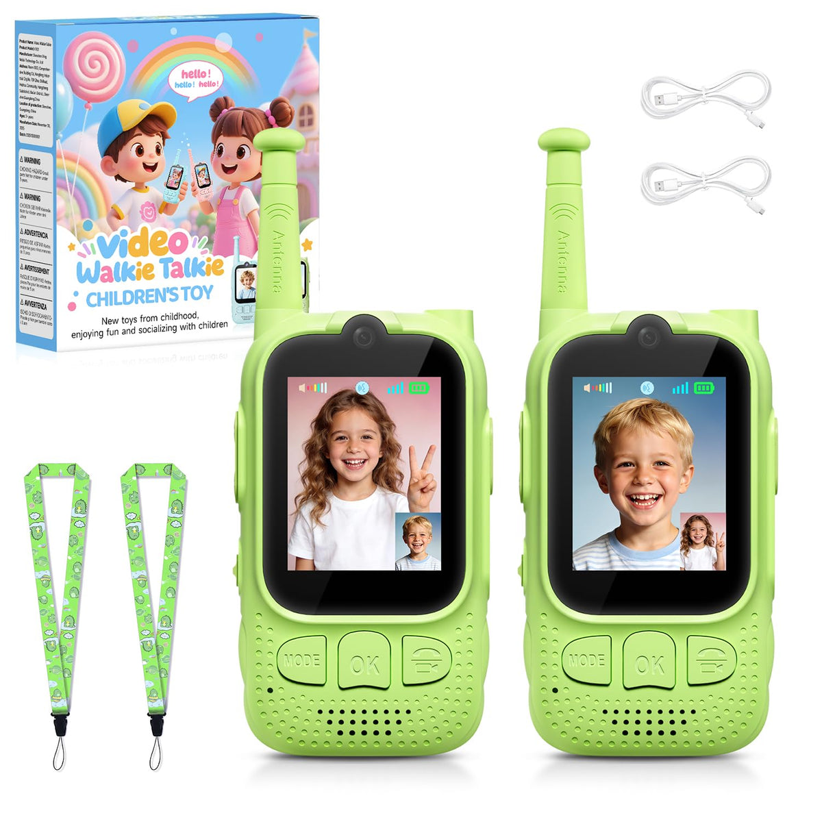 FieGsom Kids Video Walkie Talkie front view in green, ideal for shared indoor outdoor games.