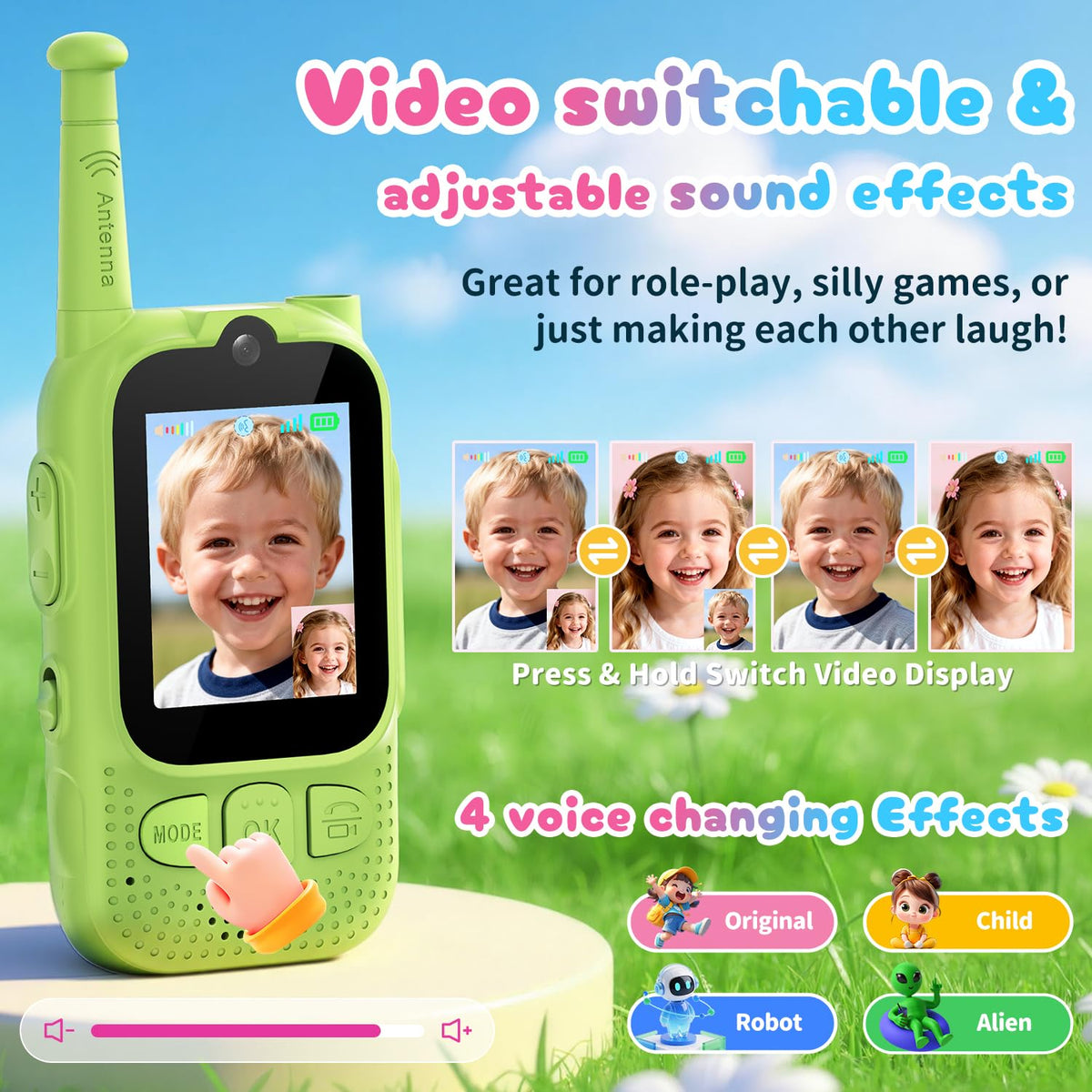FieGsom Walkie Talkie rechargeable battery for continuous play.