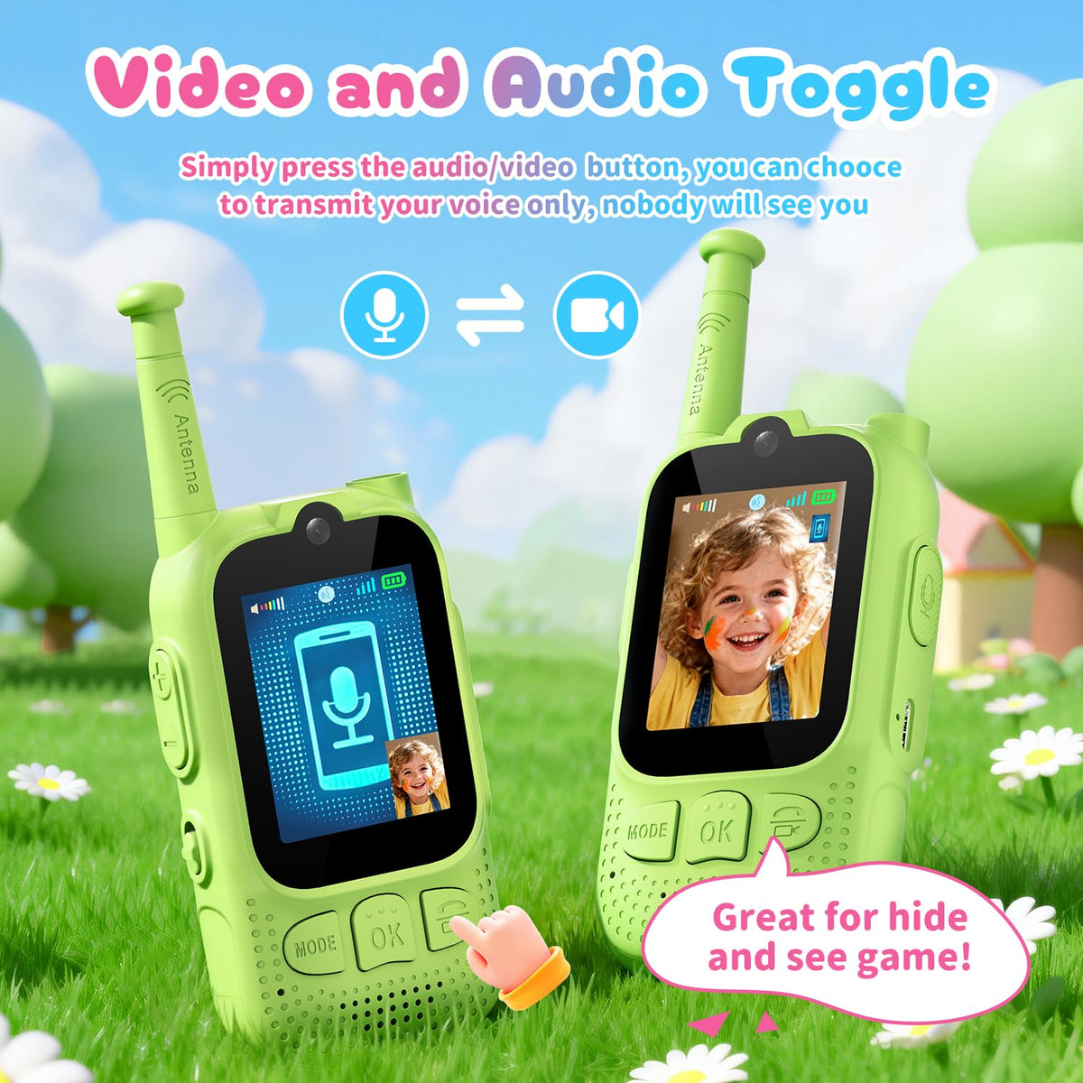 FieGsom Walkie Talkie includes voice modes and sticker effects on display.