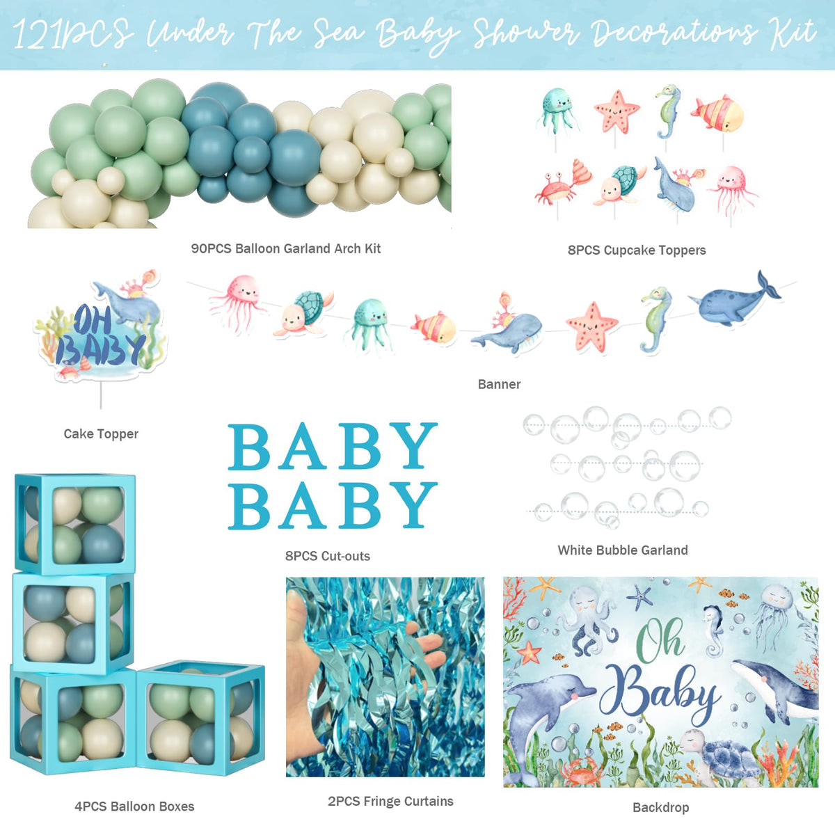Fiesec blue-green balloon garland creates a vibrant ocean vibe for photos.