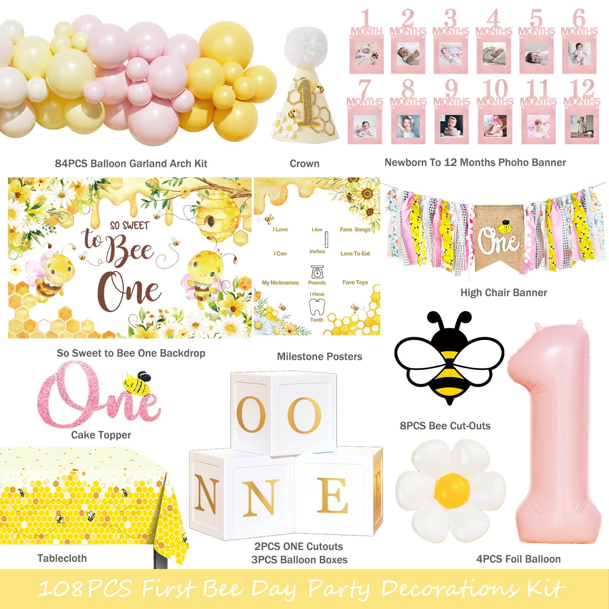 Fiesec First Bee Day balloon garland adds colorful décor for first birthday celebrations