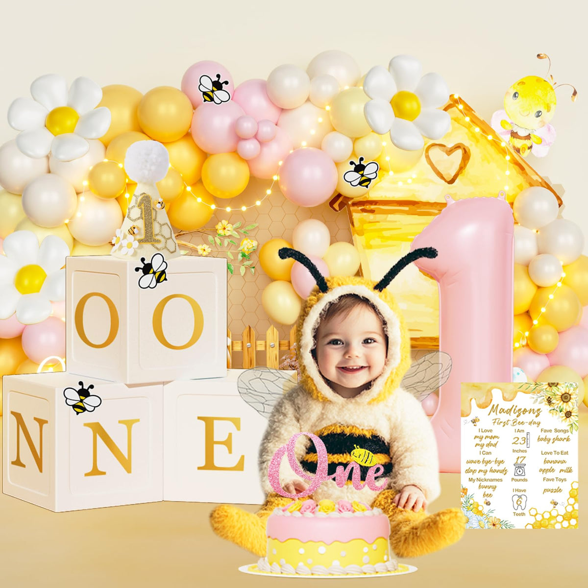 Fiesec First Bee Day daisy foil balloons and bee cutouts for charming details
