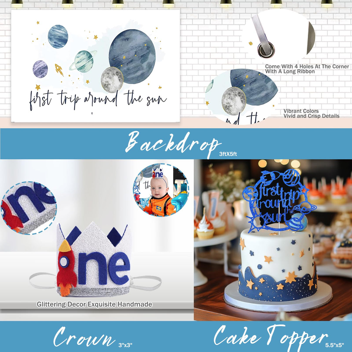 Fiesec high chair banner complements cake table with space flair