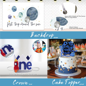 Fiesec high chair banner complements cake table with space flair