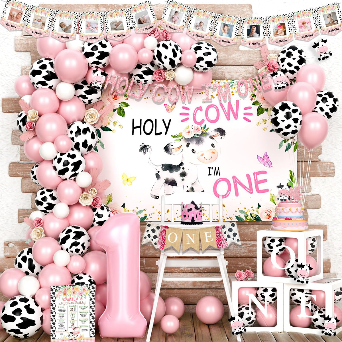 Fiesec Holy Cow I'm One highchair banner enhances baby's first birthday photos