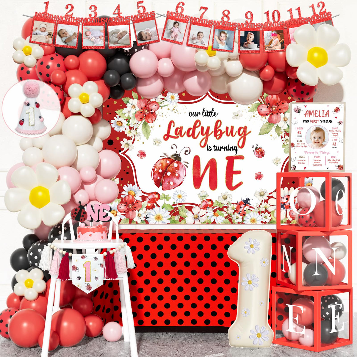 Fiesec Ladybug 1st birthday backdrop for photo-worthy memories at parties.