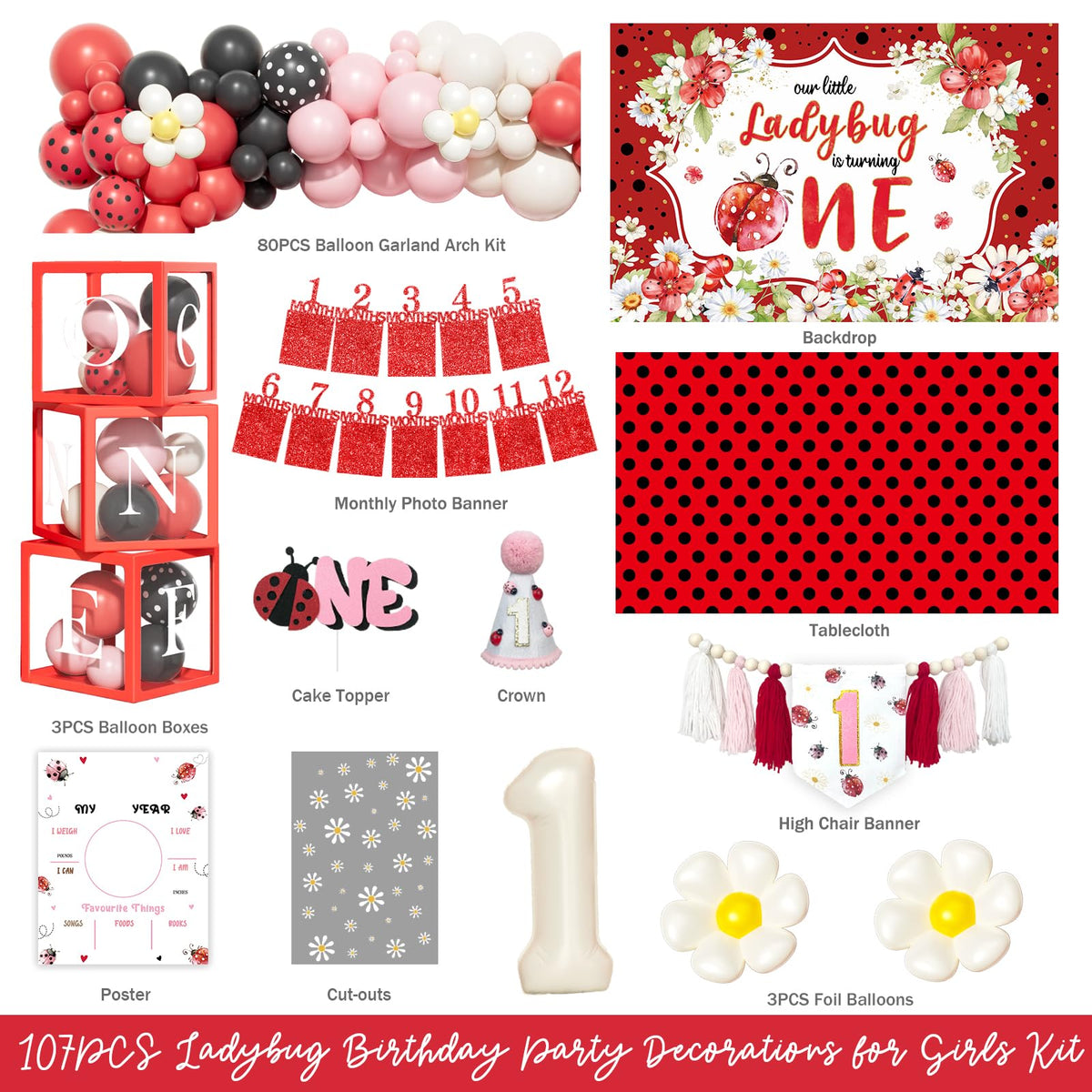 Fiesec Ladybug balloon garland arch enhances festive ambience and photos.