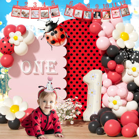 Fiesec Ladybug tablecloth and party supplies help complete a cohesive look.