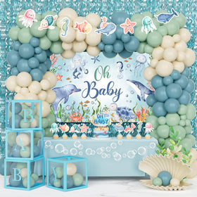 Fiesec Under The Sea baby shower backdrop with ocean colors for a dreamy first celebration.