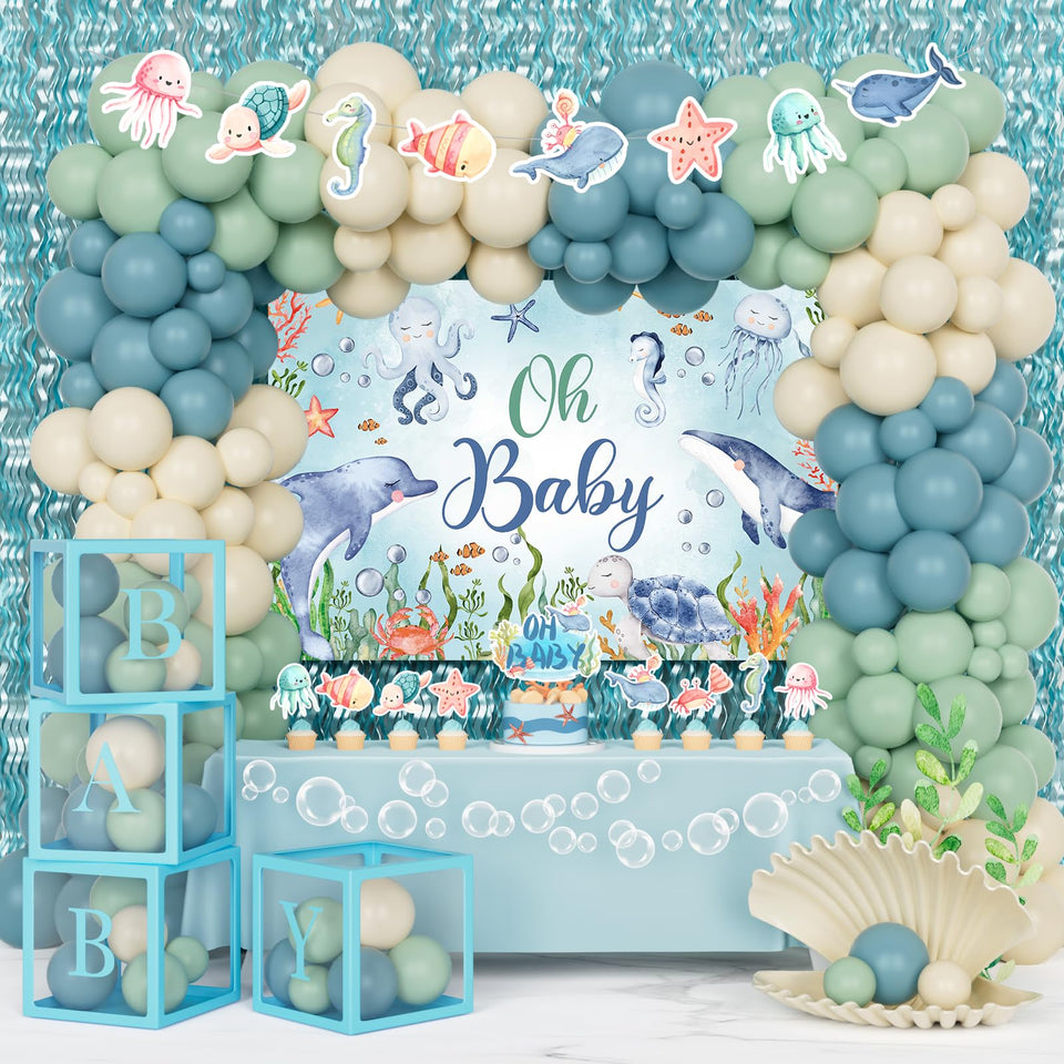 Fiesec Under The Sea baby shower backdrop with ocean colors for a dreamy first celebration.