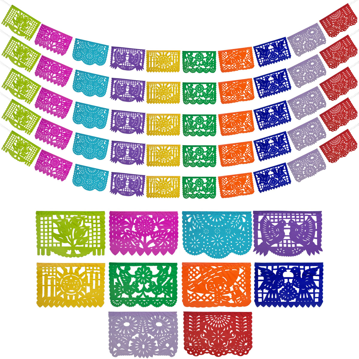 Fiesta Wraps papel picado banner montage with bold colors for Cinco de Mayo decor