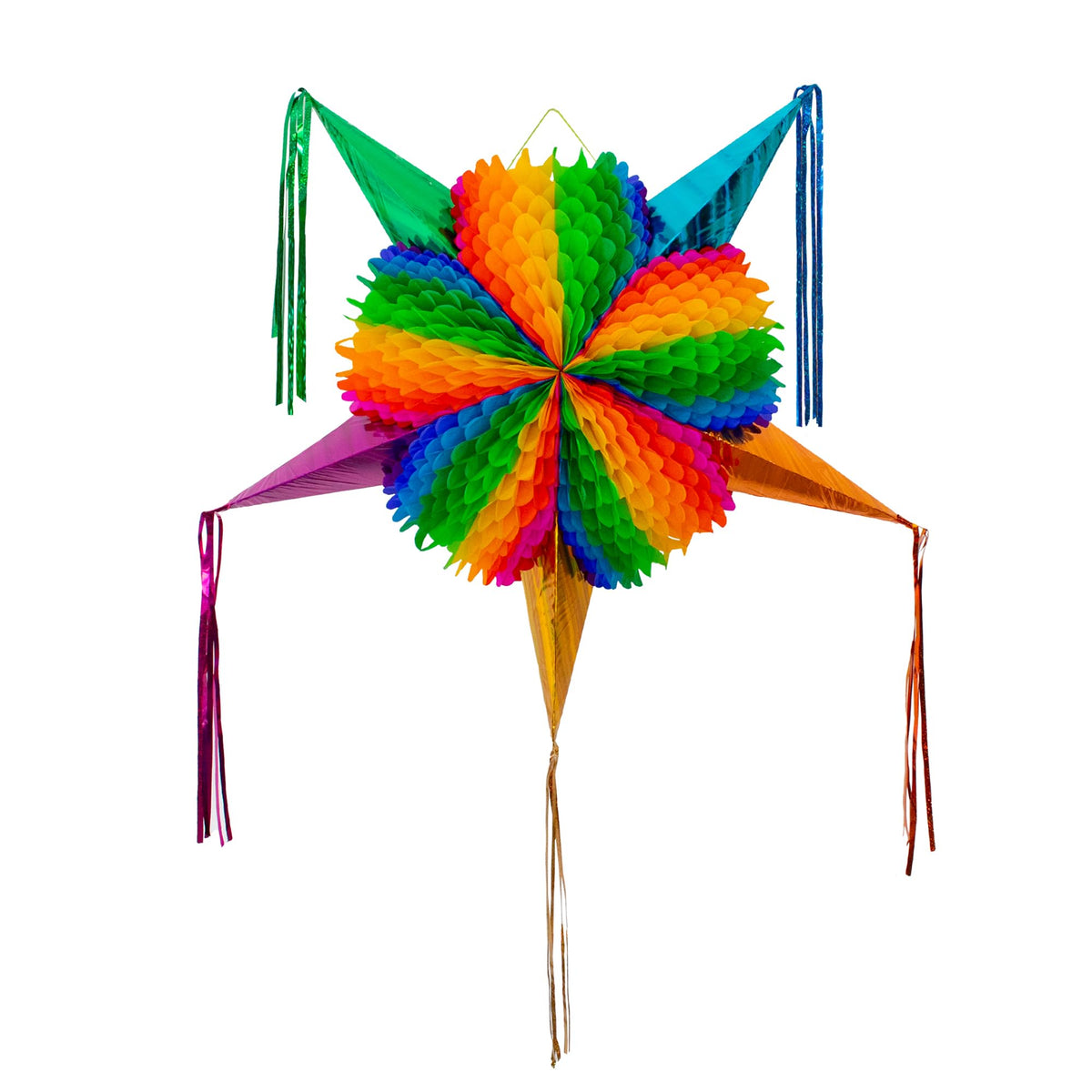 Fiesta Wraps rainbow pinata, vibrant centerpiece for birthday celebrations.