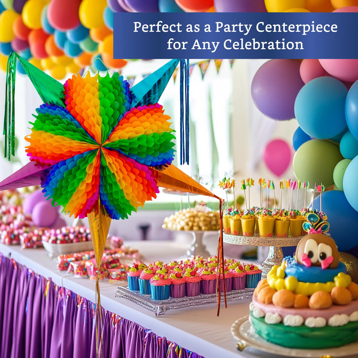 Fiesta Wraps rainbow pinata includes sturdy hanging cord for quick setup.
