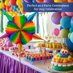 Fiesta Wraps rainbow pinata includes sturdy hanging cord for quick setup.