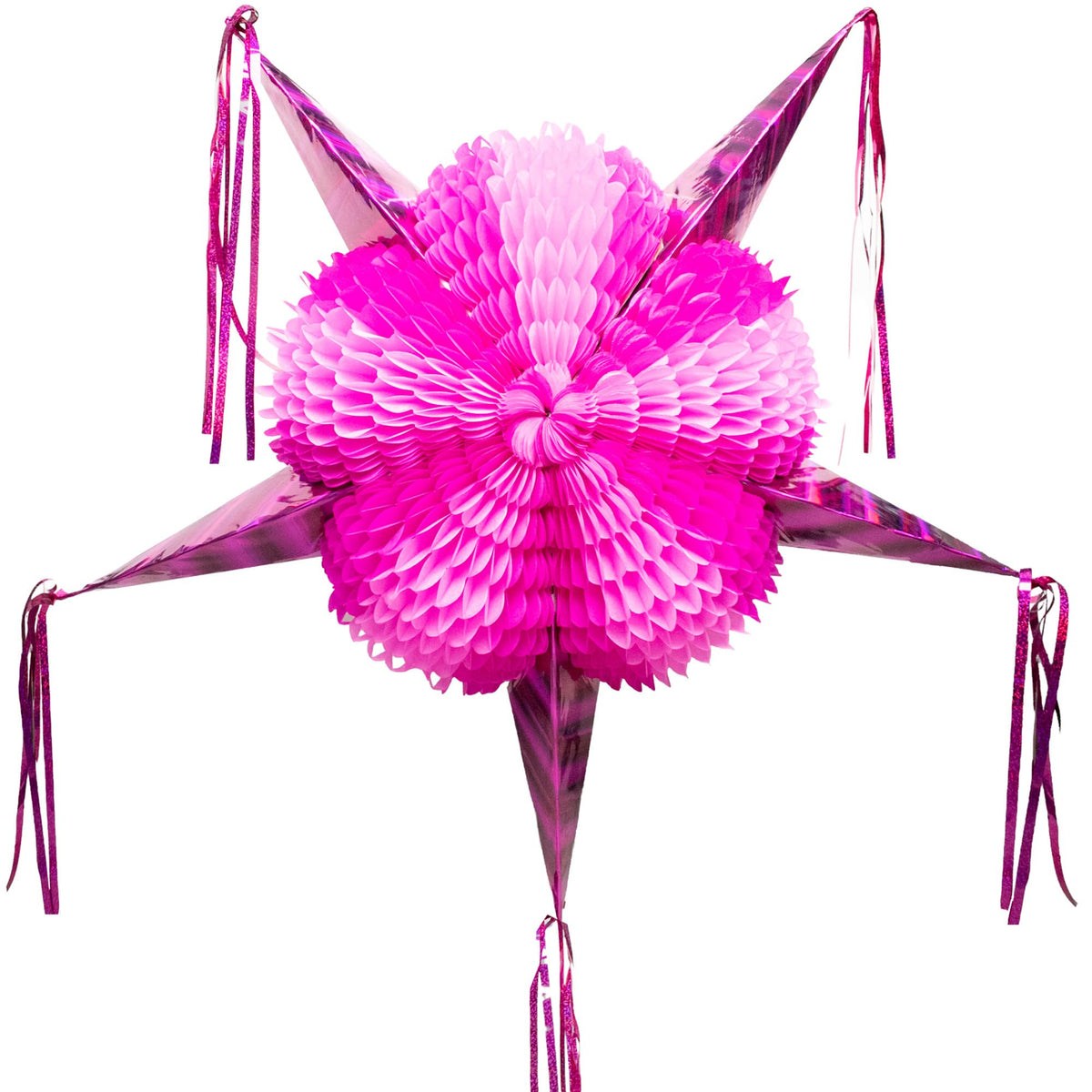 Fiesta Wraps Pink Star Piñata 32in image serves as a bold birthday centerpiece.