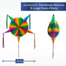 Fiesta Wraps rainbow star pinata close-up highlights traditional craftsmanship and festive texture.