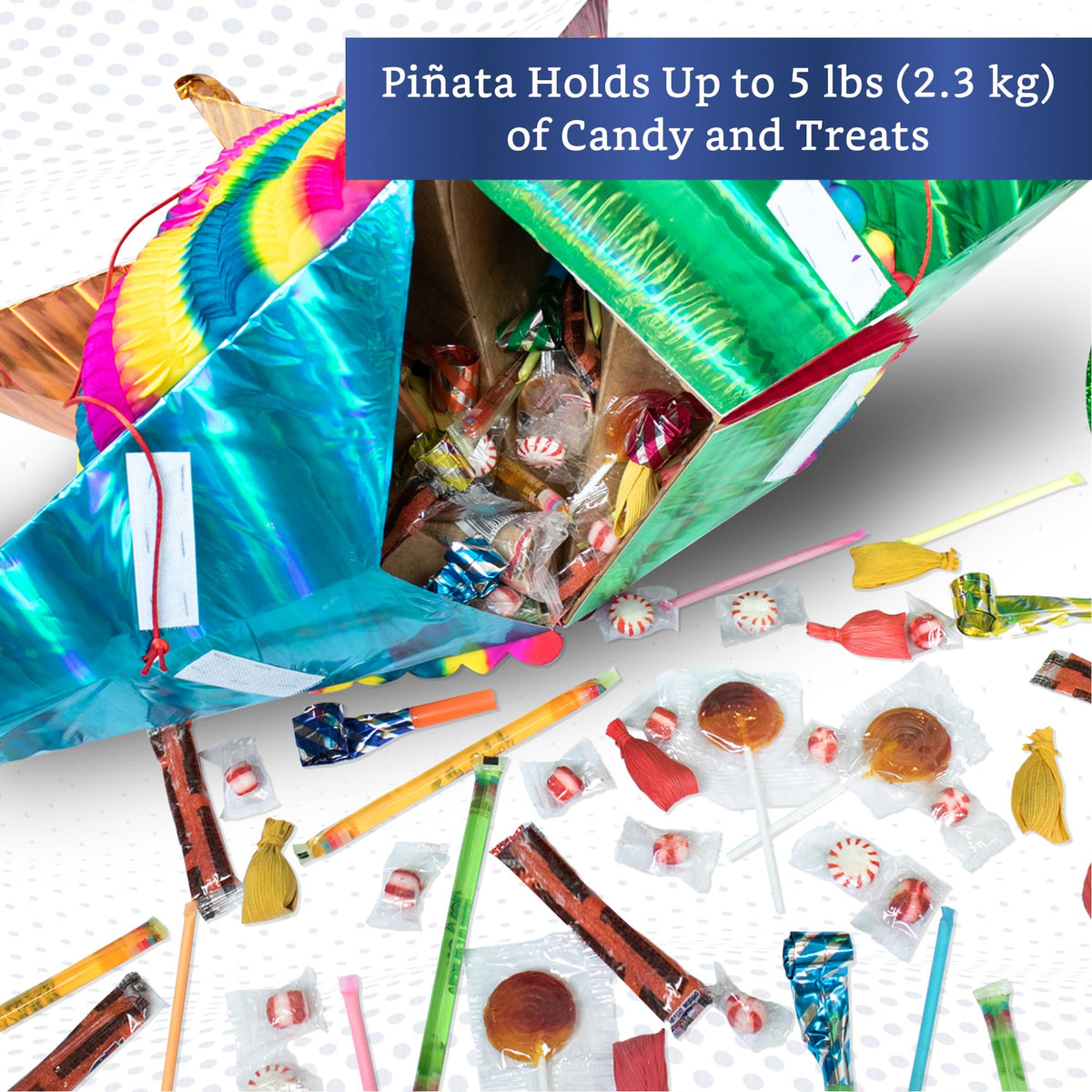 Fiesta Wraps traditional cardboard cone pinata with tissue and foil decor.