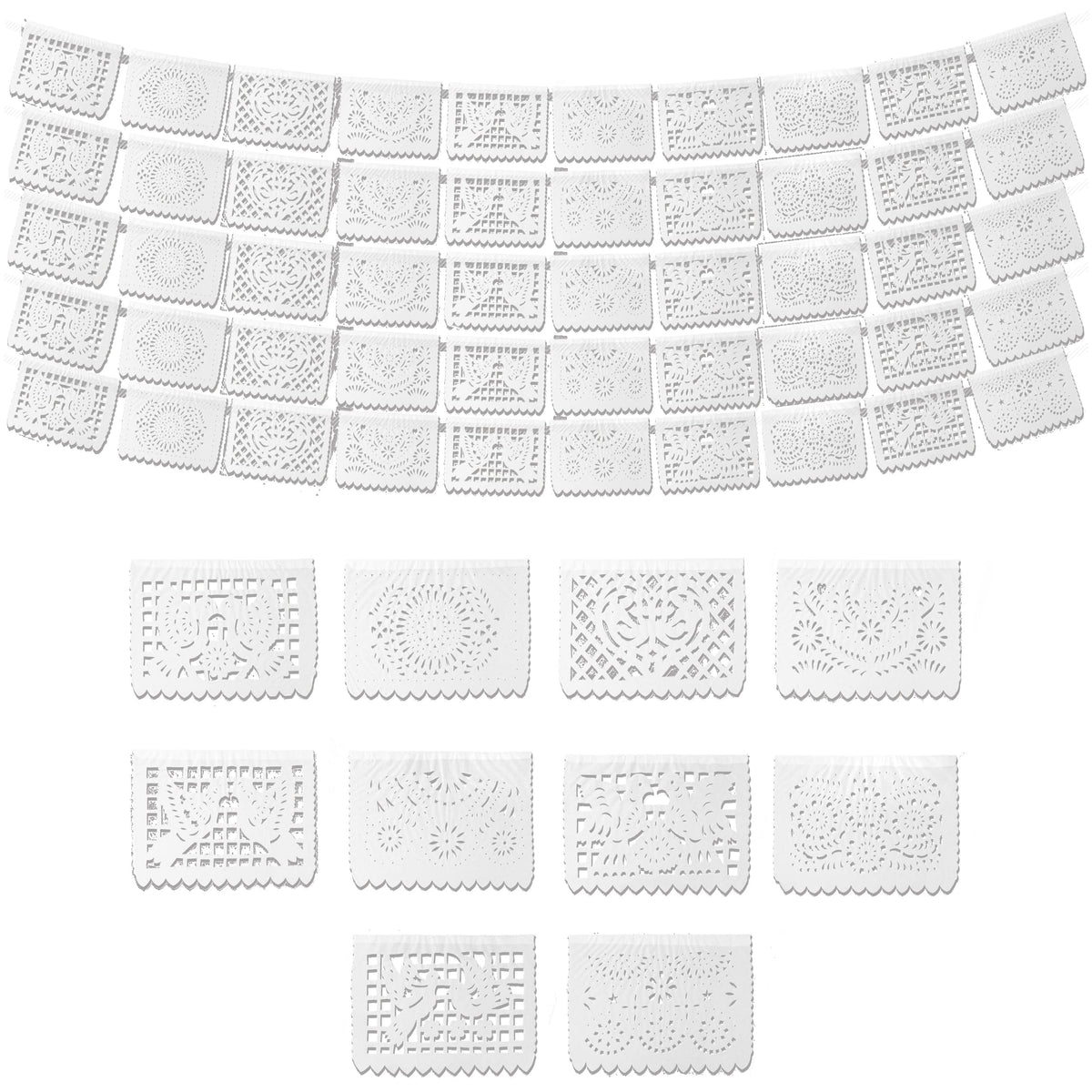 Fiesta Wraps white papel picado banner close up of intricate tissue cutouts for weddings