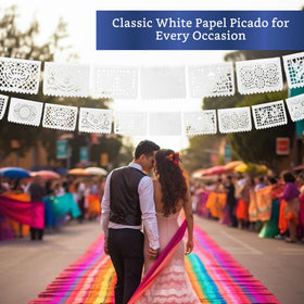 Fiesta Wraps white papel picado banner arranged for photos at celebration