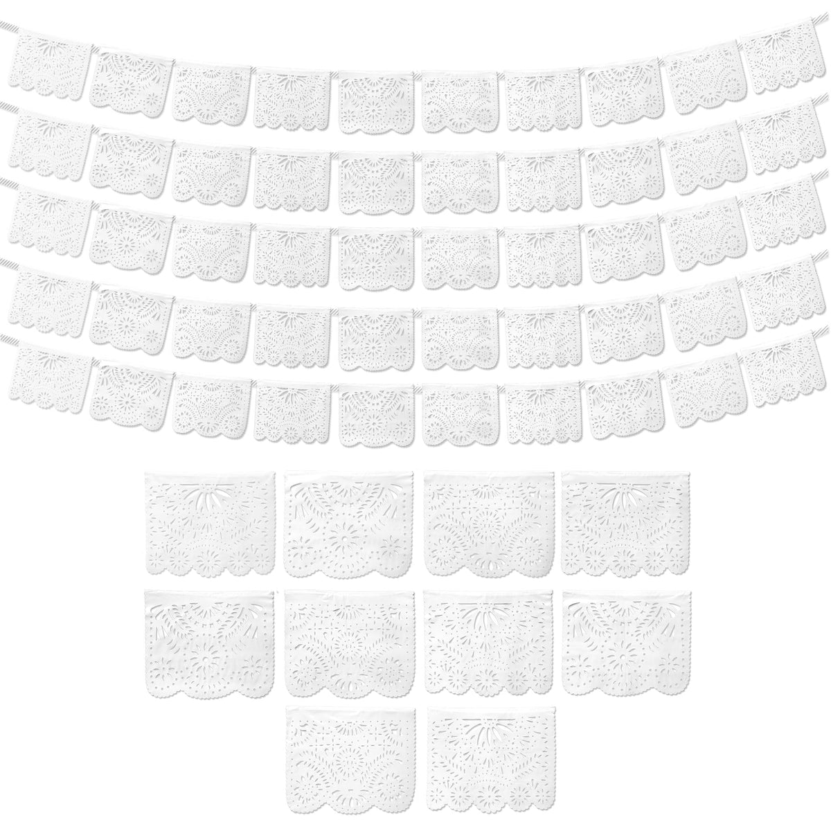 Fiesta Wraps white papel picado banner setup for elegant wedding decor