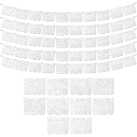 Fiesta Wraps white papel picado banner setup for elegant wedding decor