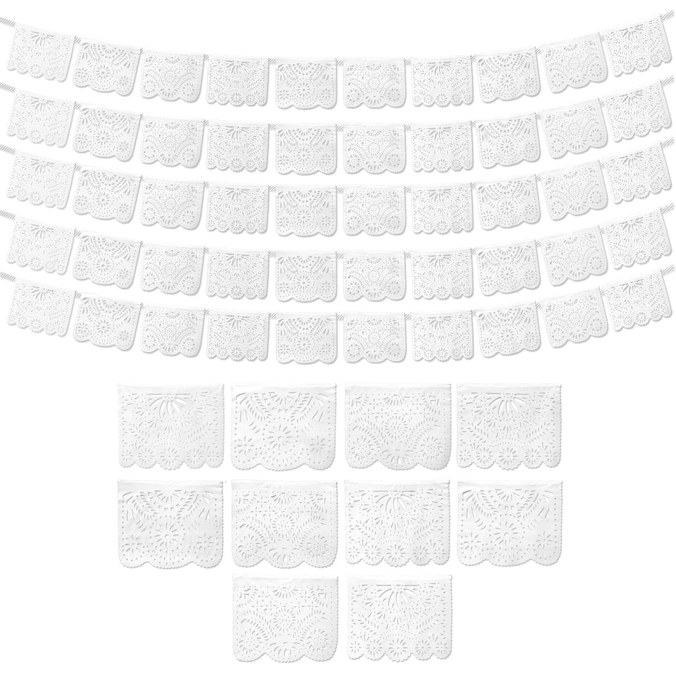 Fiesta Wraps white papel picado banner setup for elegant wedding decor