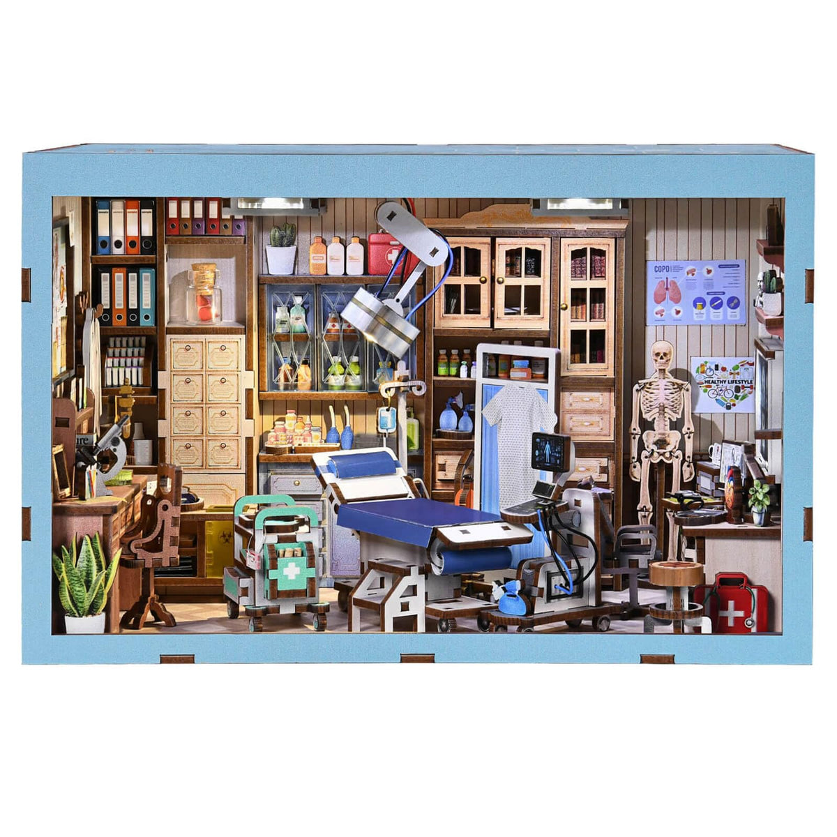 Fifijoy Book Nook Kit cover scene showcasing a doctor's office bookshelf display for home decor.