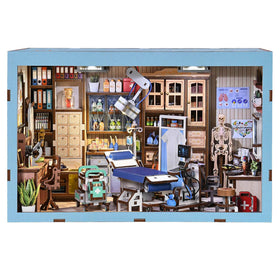 Fifijoy Book Nook Kit cover scene showcasing a doctor's office bookshelf display for home decor.