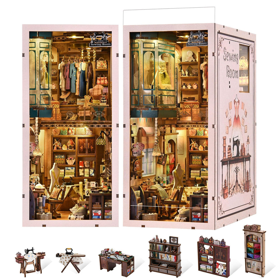 Fifijoy Book Nook Kit sewing room detailed parts for mindful DIY assembly and charming shelf décor