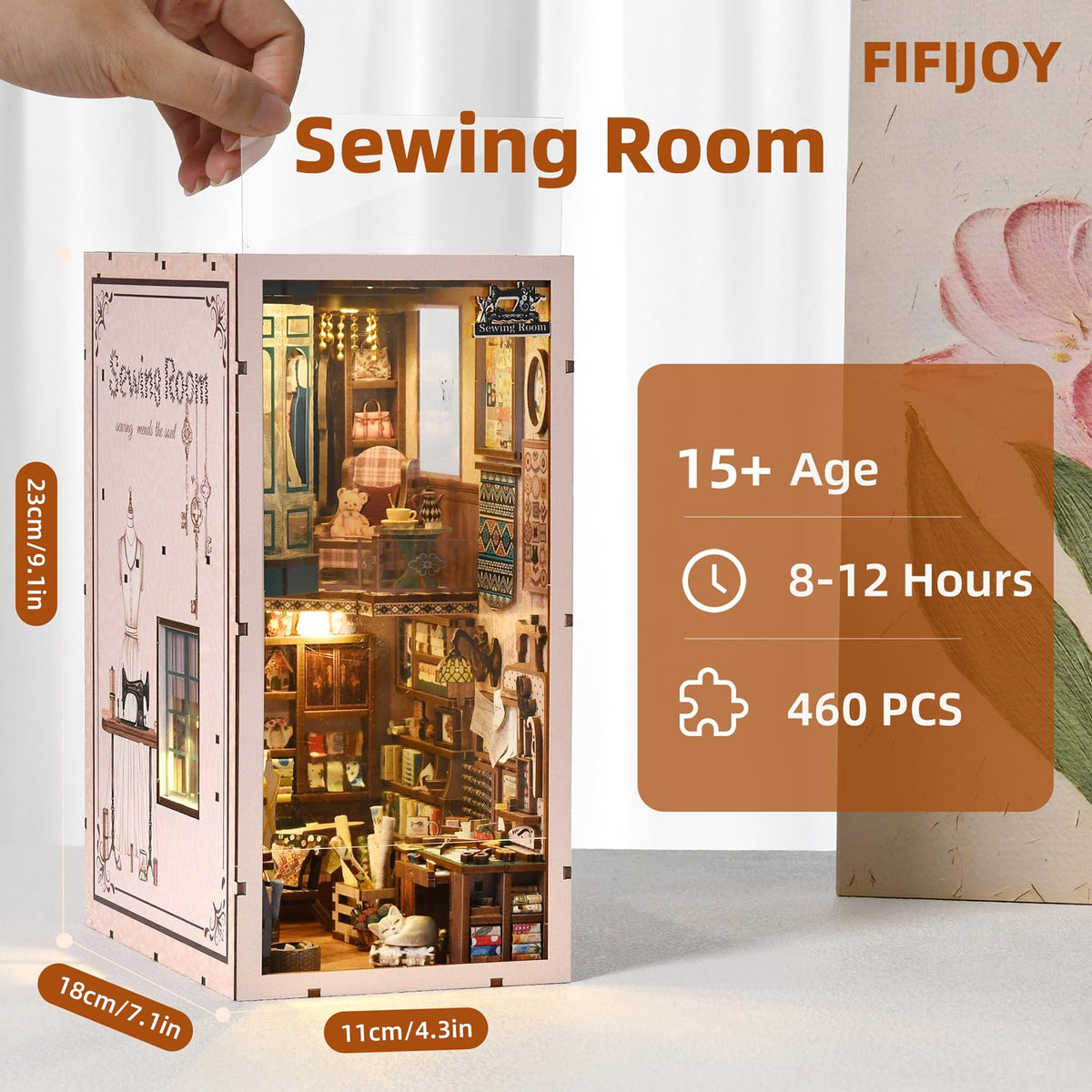 fifijoy Book Nook Kit wooden pieces 460 highlight craftsmanship for display.
