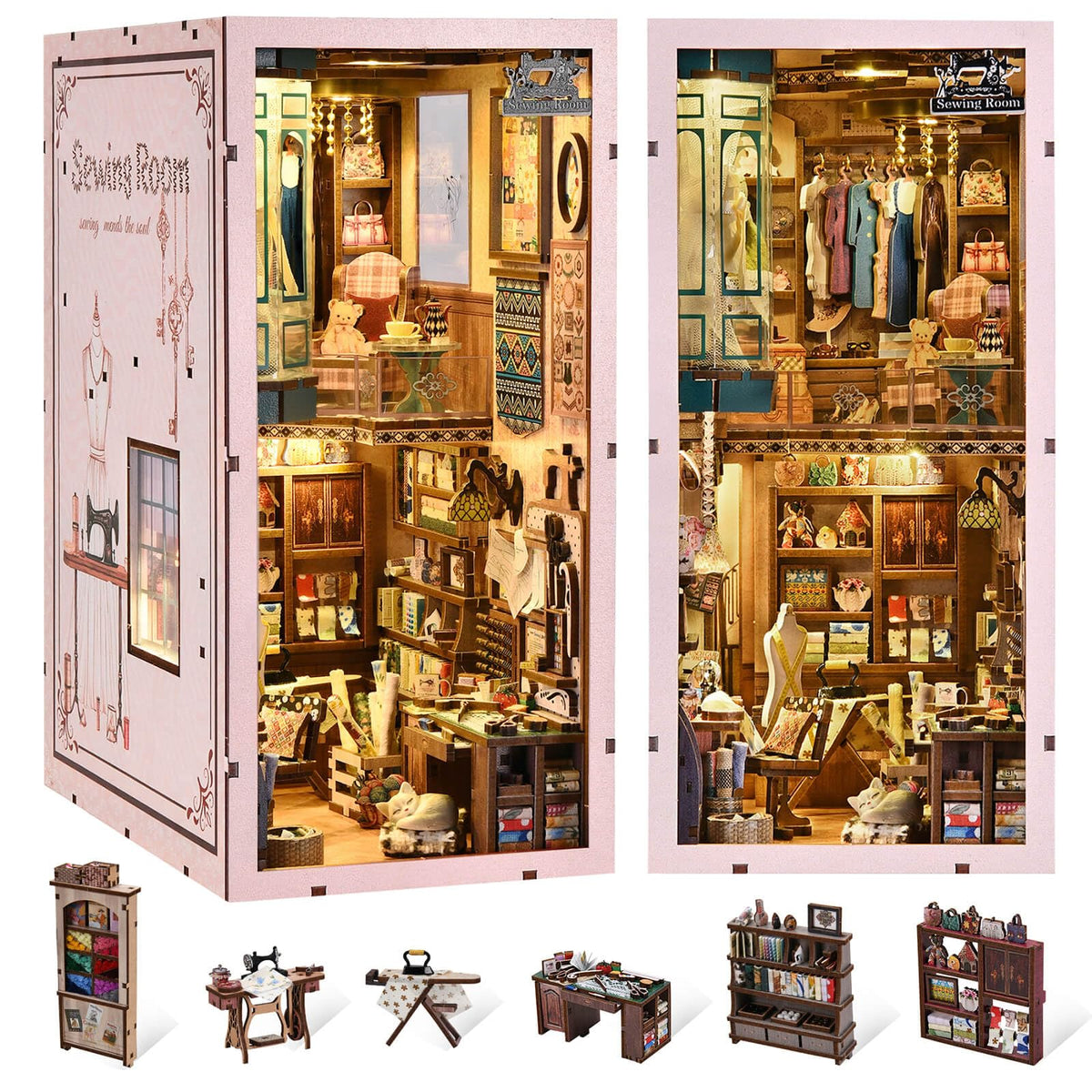 fifijoy Sewing Room Book Nook Kit desk scene for bookshelf display